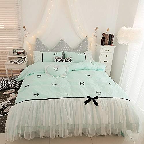 YİEBAİ Yeni Prenses Tarzı Pembe Yeşil Yatak Etek Nevresim Set Yatak Setleri Kız Çocuk Yatak Setleri, Renk 2, Tam Boy 4 adet
