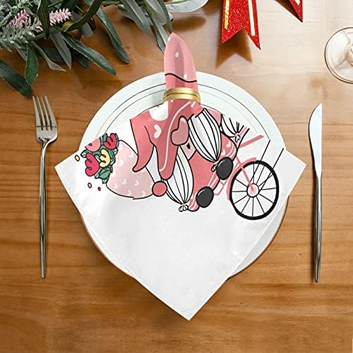 Gnome Çift ve Pembe Aşk Bisiklet Bez Peçeteler Yıkanabilir mutfak masa süsü Peçeteler 20 inç Ev Partisi için 4 Set