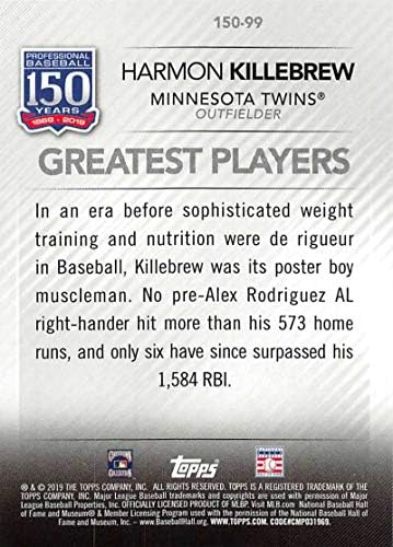 2019 Topps 150 Yıl Profesyonel Beyzbol Beyzbol 150-99 Harmon Killebrew Minnesota Twins Resmi MLB Ticaret Kartı Topps Tarafından