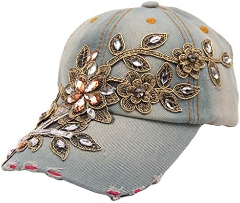 Andongnywell Bayan Dantel Çiçekler beyzbol şapkası Taklidi Denim Jean Şapka Kristaller Ayarlanabilir Kapaklar Jewel Bling Şapkalar