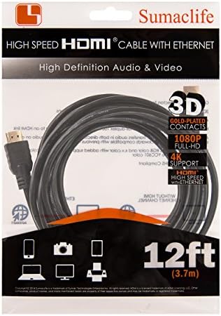 SumacLıfe SL12HDMIHDMI Siyah HDMI-HDMI Kablosu - 12 Feet, Altın Kaplama Konektörler, Ethernet Destekli 1080p