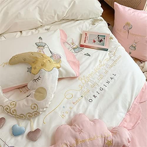 XZJJZ Prenses Tarzı 60 Pamuk Fırçalanmış Tavşan Nakış Dört Parçalı Kız Net İplik Pamuk Nevresim Kalın Yatak (Renk: 5 Parça