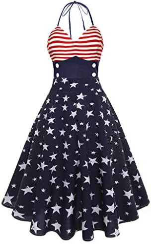 Bayan Salıncak Elbise, Amerikan Bayrağı Baskılı Halter Backless A Line Pileli Flowy Bağımsızlık Günü Rahat Elbiseler