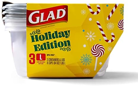 GladWare Deep Dish Büyük Dikdörtgen Tatil Sürümü Kapaklı Gıda Saklama Kapları / 64 oz Gümüş Kapaklı ve Şeker Kamışı Tasarımlı