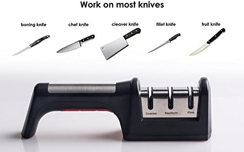 Düz ve Tırtıklı Bıçaklar için Kilitleme Bıçak Bileyici - 3 Kademeli Seramik ve Elmas Bileme Sistemi, Siyah ve Kırmızı