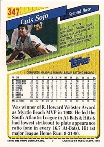 1993 Topps Altın Beyzbol 347 Luis Sojo California Angels Topps Şirketinden Resmi MLB Ticaret Kartı