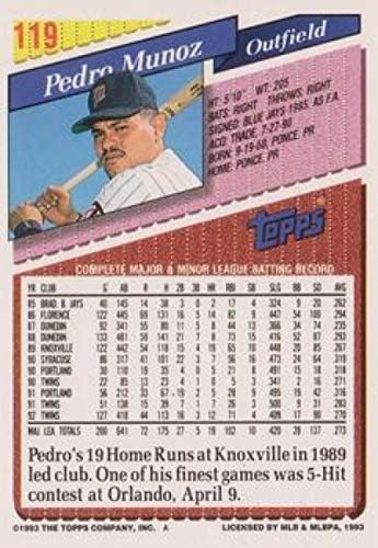 1993 Topps Altın Beyzbol 119 Pedro Munoz Minnesota Twins Topps Şirketinden Resmi MLB Ticaret Kartı