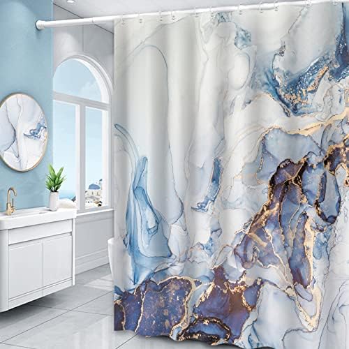 Mavi Gri Mermer Duş Perdesi Soyut Lüks Altın ve Lacivert Ombre Mürekkep Sanat Boyama Modern Banyo Duş Perdesi Setleri Su Geçirmez