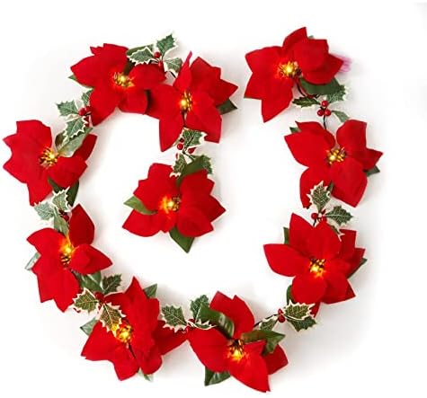 joyhalo 5.9 feet Noel Poinsettia Çelenk Kırmızı Meyveler ve Holly Yaprakları - 1 Paket 2AA Pil Işletilen Kapalı ve Açık Dekor