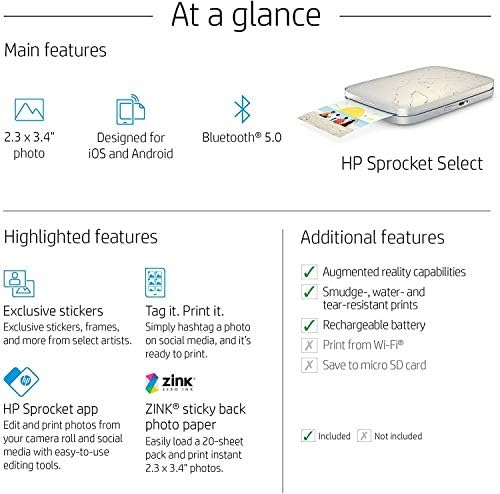 HP Sprocket Taşınabilir Fotoğraf Yazıcısını Seçin-Sosyal Medya Fotoğraflarını Stilize Edin ve 2.3x3.4” Yapışkan Destekli Kağıda