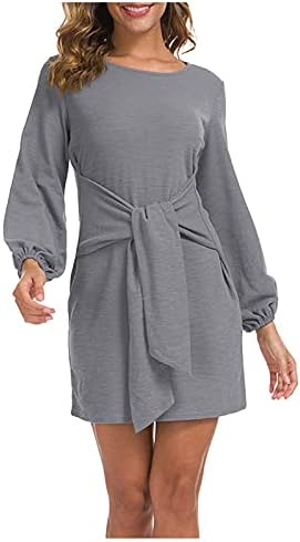 Kadın Zarif uzun Fener kollu kısa elbise Crewneck Kravat Bel Kokteyl Elbise katı evaze elbise Petite Elbiseler