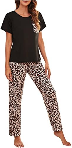 Black Pijama de Leopardo para Mujer 2 trajes Pantalones de Manga Larga conjunto de Pijama ropa para el hogar 598 Large