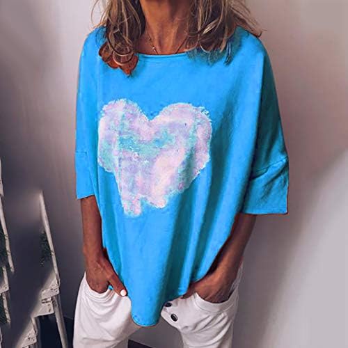 HebeTop Womens Casual Yaka Boyun Kalp Baskı T-Shirt Kısa Kollu Toka Bluz Tops