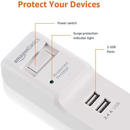 Basics 6 Çıkışlı Aşırı Gerilim Koruyucu Güç Şeridi, 2 USB Bağlantı Noktası, 2 Ft Kablo-500 Joule, Beyaz, 2'li Paket